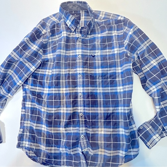 0033 American Eagle Men's Blue Plaid Shirt size large - Picture 1 of 7